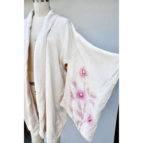 Textured Crinkled Silk Kimono Floral Reversible Haori Robe Duster Bed Jacket - Picture 3 of 9